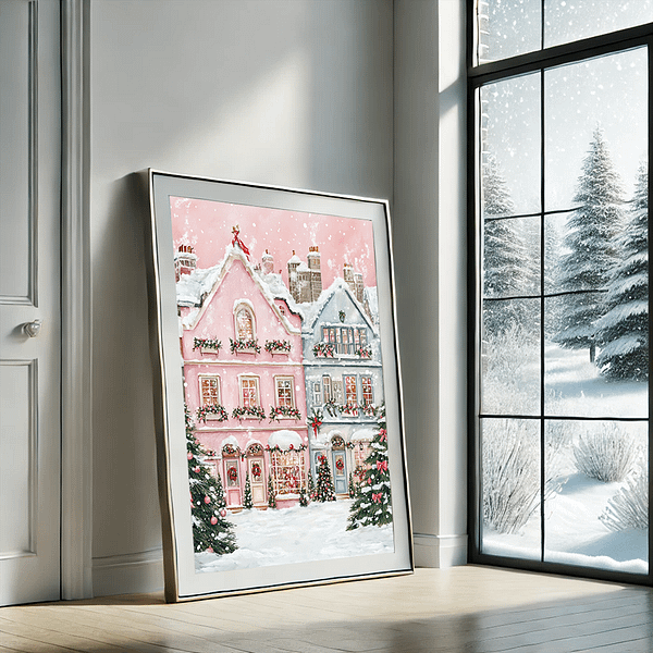 A framed pink Christmas printable leaning against a white wall by a snowy window, with winter trees outside and soft natural lighting.