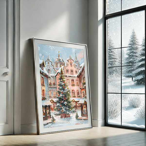 A pastel pink Xmas art print featuring a winter village and Christmas tree, framed with gold, leaning by a frosty window in soft lighting.