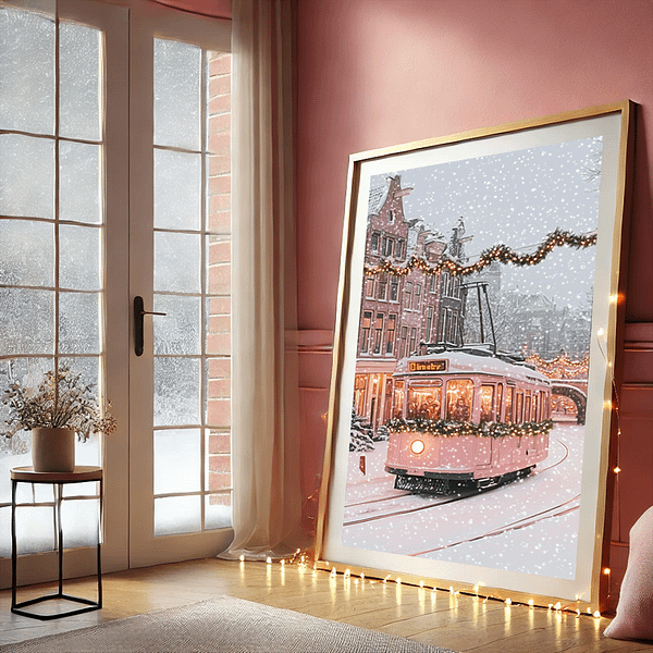 A pastel pink tram artwork hanging on the nursery wall beside a crib, surrounded by plush baby toys and soft holiday decor.