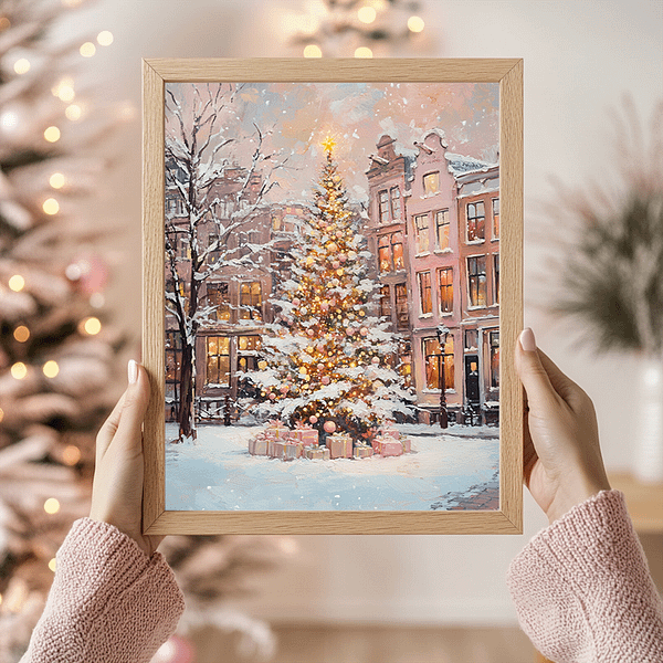 A woman holding a Pink Christmas Tree Wall Art framed by soft pink holiday lights and a dreamy, festive atmosphere. The elegant gold frame and warm lighting enhance the festive charm.