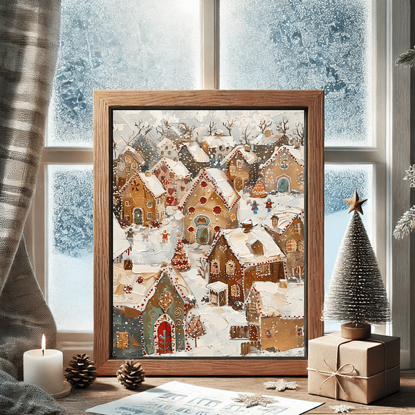 A Christmas Gingerbread Village in a wooden frame is surrounded by festive holiday decorations on a shelf, including gingerbread figures, pine branches, and ornaments. The warm colors and soft lighting evoke a sense of Christmas nostalgia.