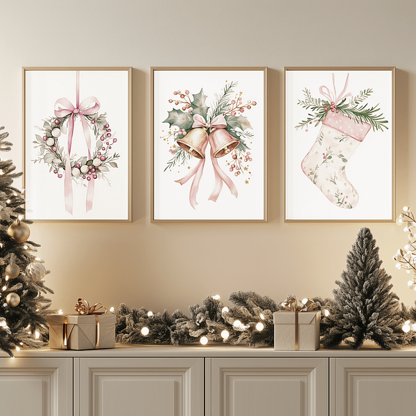 Minimalist Pink Christmas watercolor prints in wooden frames above a sideboard with holiday gifts and decor next to a Christmas tree.