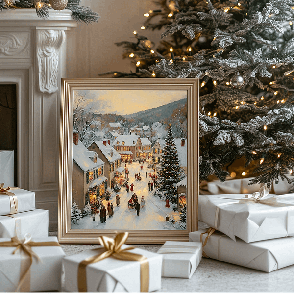 Christmas Village art in a gold frame by a fireplace with holiday lights, a Christmas tree, and white gift boxes with gold ribbons.