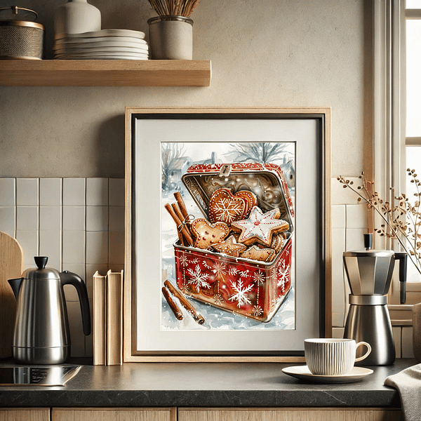 Gingerbread Cookie Decor print in a simple frame on a kitchen countertop beside a coffee maker, mug, and dried floral accents. Neutral colors and clean lines bring the setting a calm, modern touch.