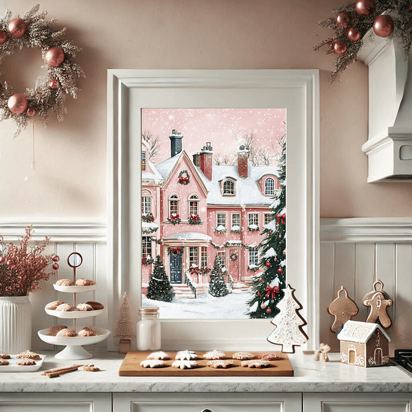 Pink Christmas art in a kitchen with gingerbread cookies, snowflake treats, and rose-gold holiday decor.