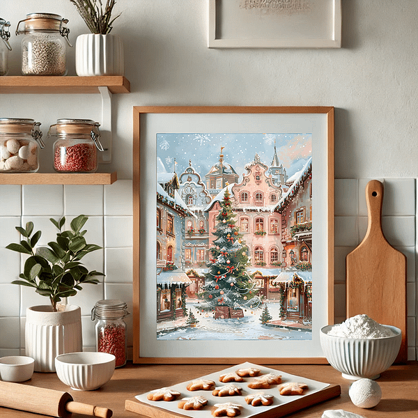 A cute holiday poster framed with baking items and greenery, creating a rustic Christmas wall art kitchen display.