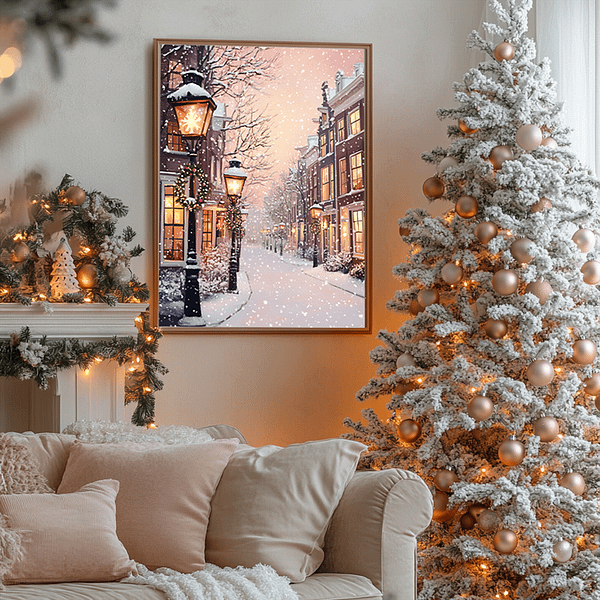 A cozy living room features a snowy cityscape painting on the wall. A warmly lit Christmas tree adorned with white and gold ornaments stands nearby, alongside a collection of unique jewelry.