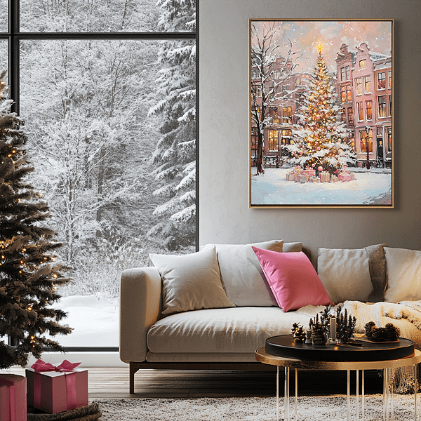 A Pink Christmas Tree Wall Art on a wall by a beige sofa, with a Christmas tree adorned with pink and gold ornaments and wrapped gifts nearby. Snow falls gently outside the large window, completing the cozy setting.