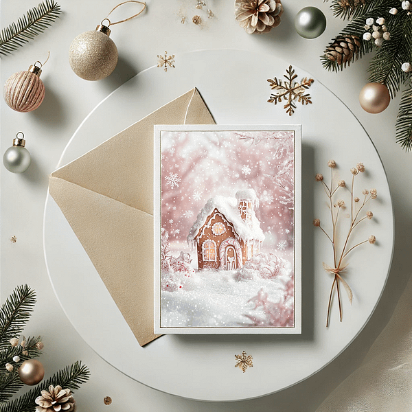 Gingerbread house art displayed as a holiday card next to an envelope and minimal Christmas decorations.