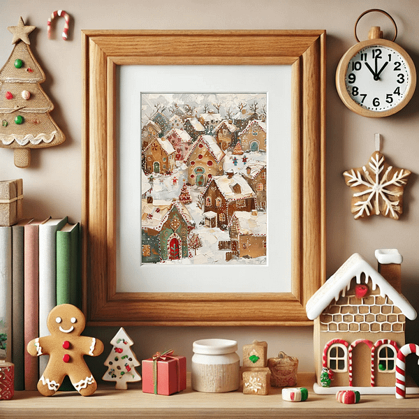 A Christmas Gingerbread Village card set against holiday decor like pinecones, ornaments, and a golden envelope. The scene captures a festive, joyful spirit, ideal for holiday greetings or cozy winter decor.