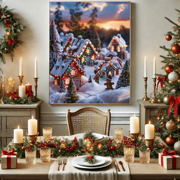 Christmas Gingerbread Village as a centerpiece on a festive dining table, surrounded by holiday greenery, candles, and ornaments for a magical Christmas meal setting.