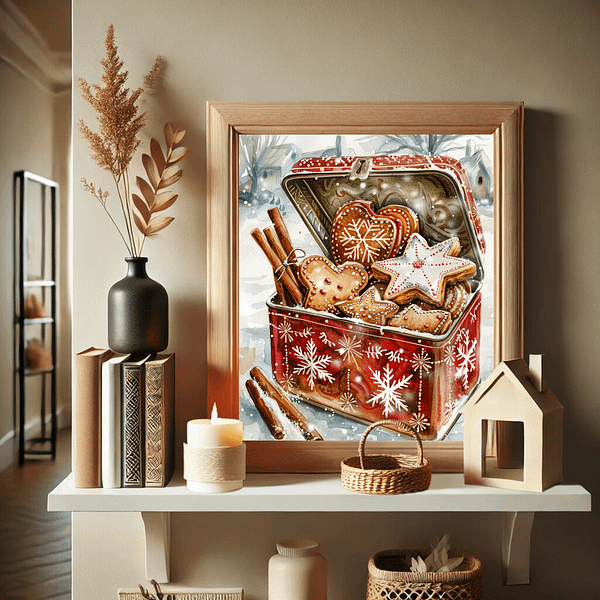 Gingerbread Cookie Decor print in a natural wood frame, displayed on a shelf in a modern entryway with books, a vase, a small candle, and wooden accents. Soft neutrals and minimal decor create a welcoming, warm entrance.