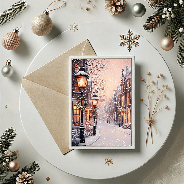 A festive holiday card featuring a snowy street scene in a quaint town with glowing lampposts. Decorative elements like pine branches, baubles, and a snowflake accent the scene, offering the charm of unique jewelry against.