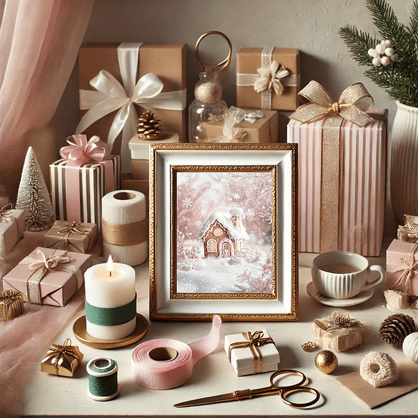 Gingerbread house art in a vintage gold frame surrounded bygift-wrappingg tools and presents. Elegant and functional holiday decor.