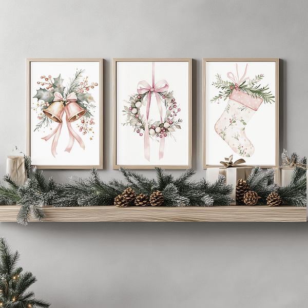 Minimalist Pink Christmas watercolor prints in wooden frames above a wooden shelf with holiday decor and small festive accents.