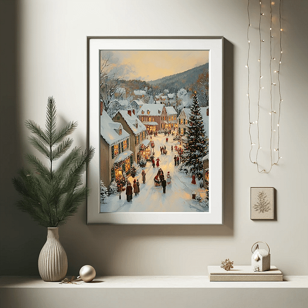 Christmas Village art in a minimalist setting above a shelf with a pine branch in a vase, simple decor, and string lights