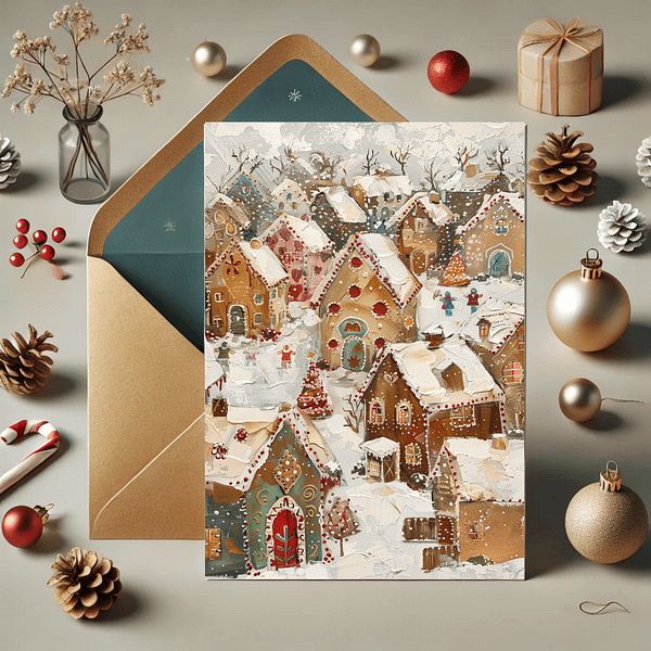 The framed Christmas Gingerbread Village rests on a table adorned with candles, ornaments, and holiday decor. The warm, golden lighting and festive accents create a magical holiday atmosphere that brings warmth to any space.