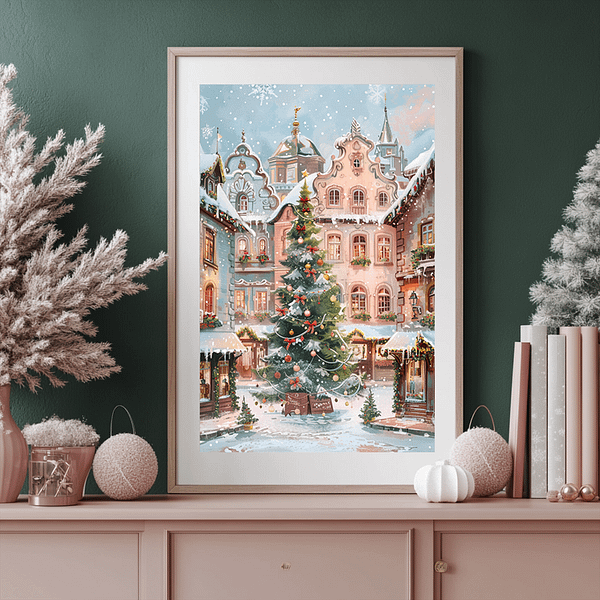 A coquette Christmas print framed on a pink console table with frosted greenery and pastel holiday decor.