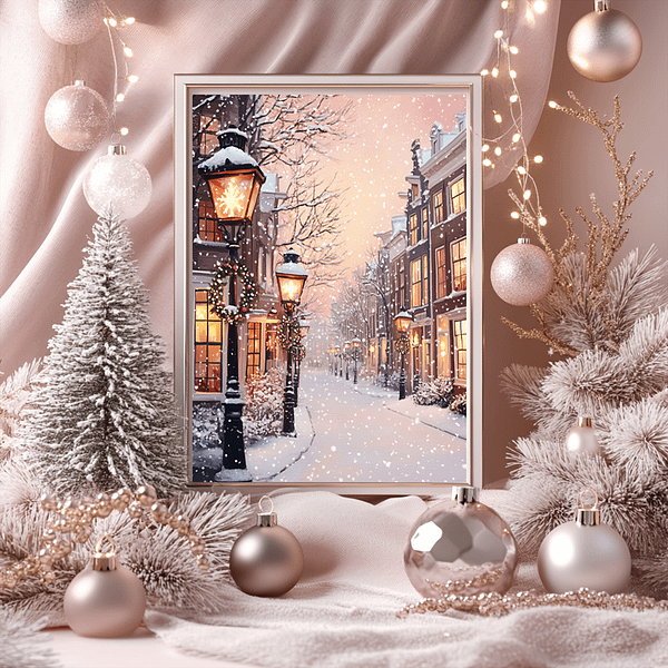 A framed painting of a snowy street with lampposts and buildings is surrounded by Christmas decorations. The scene includes snow-covered trees, ornaments, and soft pink lights, creating a festive and cozy atmosphere akin.