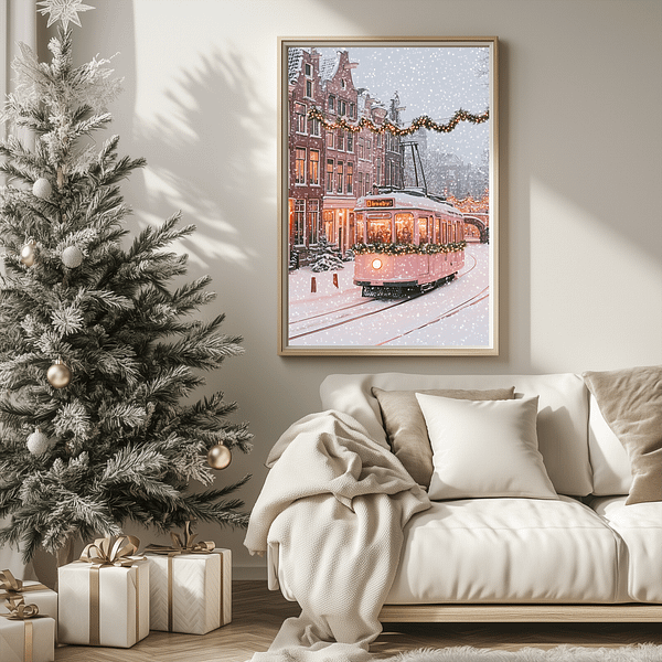 A pastel Christmas tram artwork displayed above a beige sofa in a minimalist living room, with a modern Christmas tree nearby.