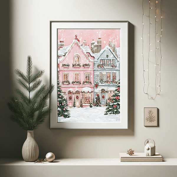 Christmas wall art featuring a pink winter village in a modern neutral room with a vase of green pine branches and warm lighting.