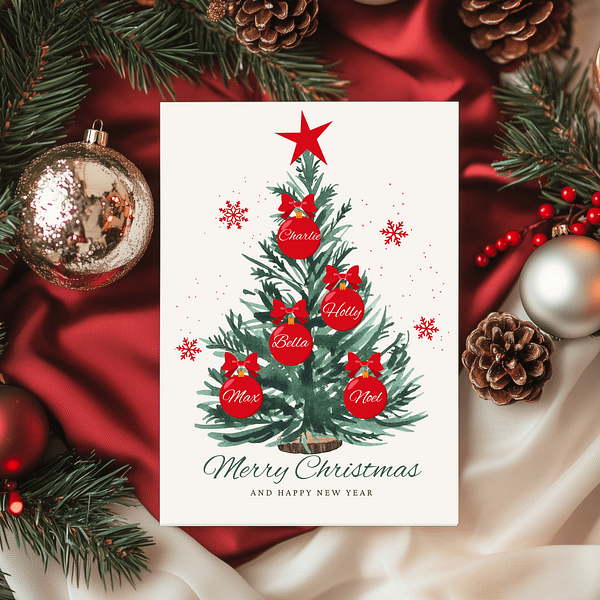 Personalized Christmas card featuring a green tree with red ornaments and a bow; ornaments display family names. "Merry Christmas and Happy New Year" text, red tablecloth, and festive decorations nearby.