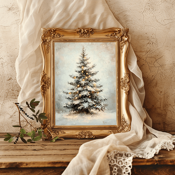 A Vintage Christmas Tree Print in a gold frame is displayed on an antique wooden table with green leaves and lace fabric, creating a charming farmhouse Christmas aesthetic.