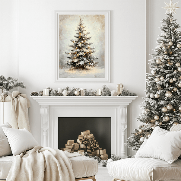 A Vintage Christmas Tree Print in a white frame is displayed above a minimalist fireplace in a bright living room with a Christmas tree beside it.