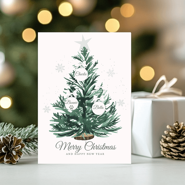 Personalized Christmas card with a green tree and white ornaments with silver accents. The display has a white gift, a gold pinecone, and glowing holiday lights.