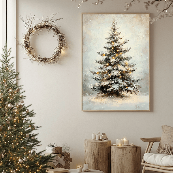 A Vintage Christmas Tree Print in a thin wooden frame is displayed in a beige living room with Christmas wall décor and wooden stump tables.