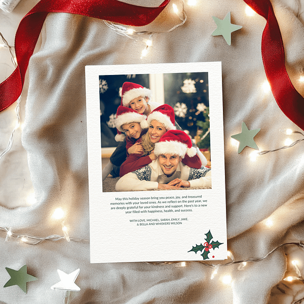 Customizable Christmas Card highlighting the second page on a white silk cloth with Christmas lights and a red ribbon for a warm holiday setting.