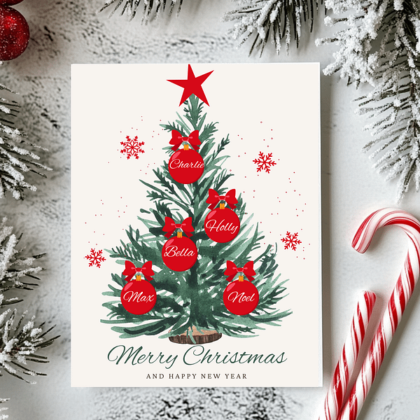 Personalized Christmas card with a green tree and red ornaments, surrounded by candy canes, snowy pine branches, and red decorations for a festive touch.