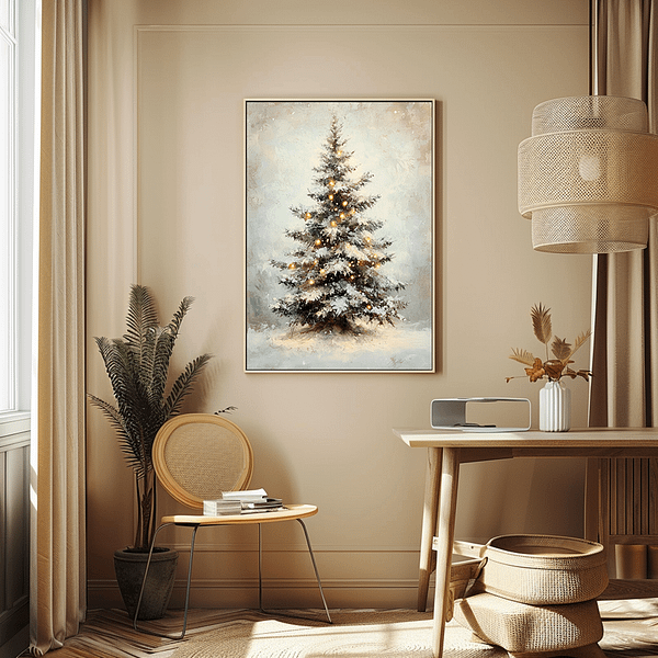 Vintage Christmas Tree Print in a wooden frame on the wall of a minimalist beige study with neutral furnishings in brown and beige tones.