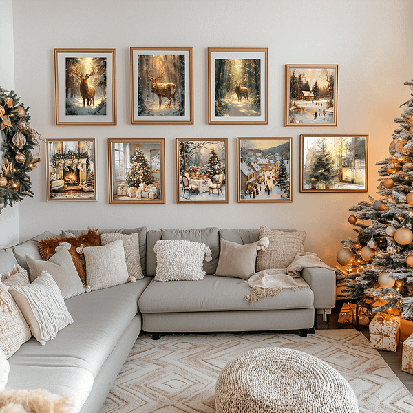 A cozy living room with a gray sofa, Christmas tree, and 9 gold-framed Christmas prints on the wall, creating a festive atmosphere.