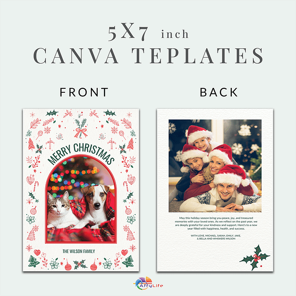 This is an informational image of a Customizable Christmas Card with dimensions 5x7 inches. It shows both front and back sides labeled "Front" and "Back. " It is displayed as a Canva template.