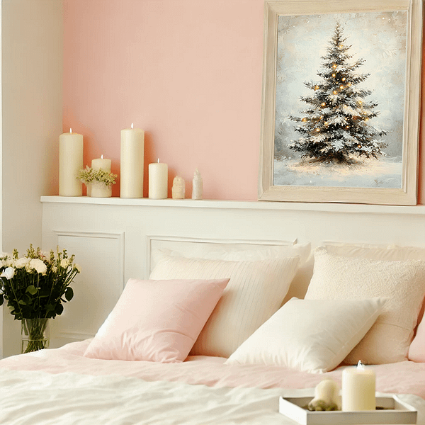 Vintage Christmas Tree Print in a wooden frame on a shelf above the bed in a romantic pink bedroom with candles, pink pillows, and a bouquet of roses.