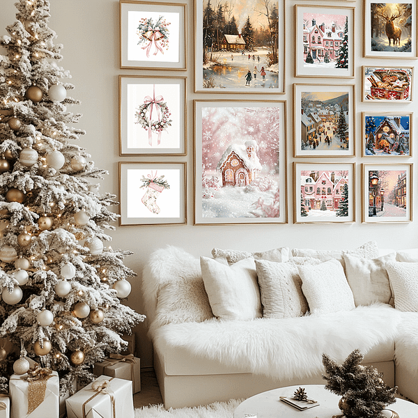 A white Christmas tree in a bright living room with 12 light wooden-framed wall art prints displayed on the wall, adding holiday charm.