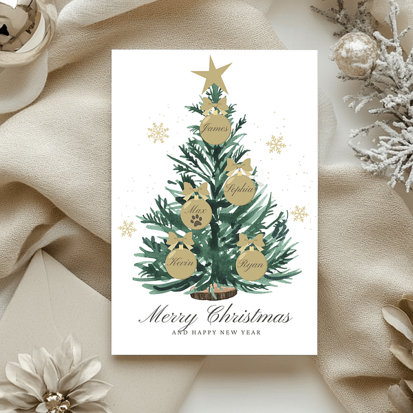 This personalized Christmas card features a green tree with gold ornaments on beige fabric. A white envelope complements the elegant festive setup.