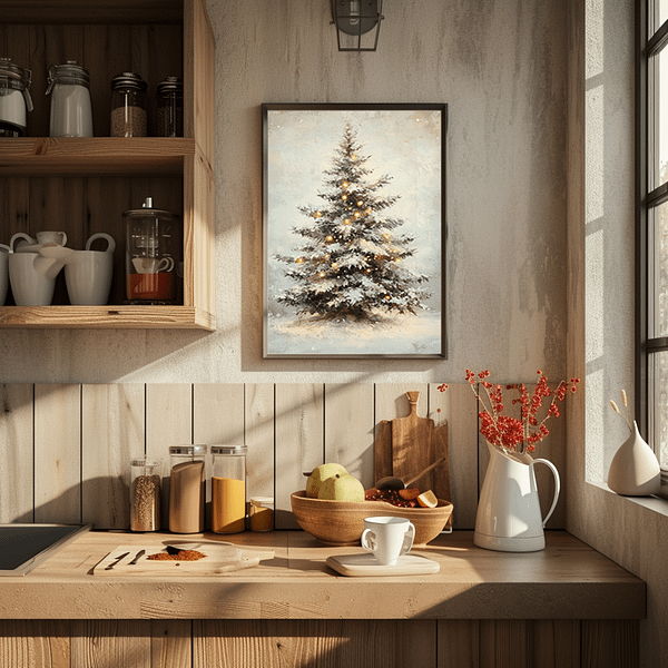 A Vintage Christmas Tree Print is displayed in a wooden frame above the counter in a cozy brown and beige kitchen with shelves, kitchenware, and sunlight streaming through the window.