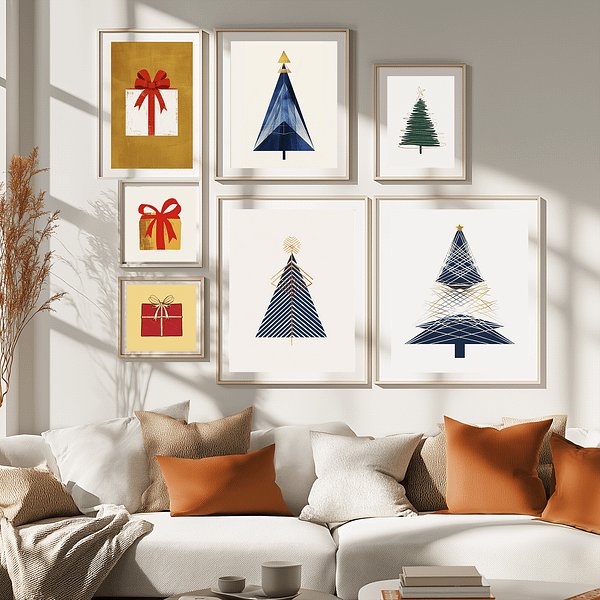 A minimalist gray-and-white living room with orange pillows and 7 modern Christmas prints in white frames displayed on the wall.