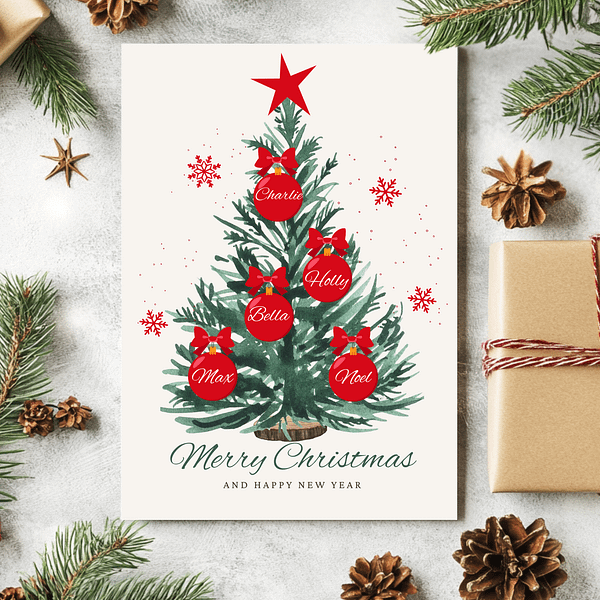 Personalized Christmas card with a green tree and red ornaments. A gift box, pine branches, and pinecones enhance the festive holiday scene.