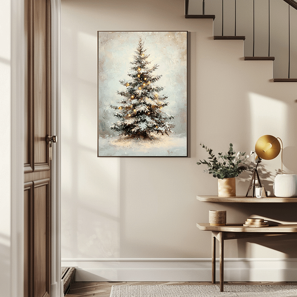 Vintage Christmas Tree Print in a thin frame on the wall of an entryway beside a console table with flowers and decorative objects, near the staircase