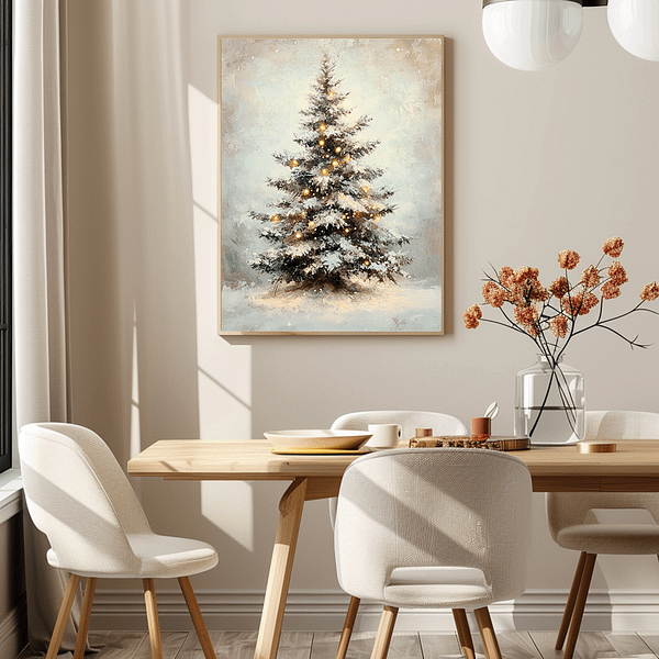 A Vintage Christmas Tree Print in a brown frame is on the beige dining room wall, with a wooden table, white chairs, and an orange-flowered vase.