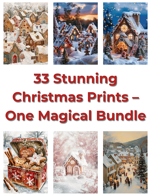 A collage of 33 Christmas prints with festive artwork displayed in rows of three, the centered text reads "33 Stunning Christmas Prints – One Magical Bundle."