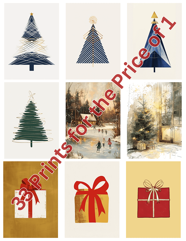 A display of 9 minimalist Christmas prints with a modern design and a text overlay that reads "33 Prints for the Price of 1."