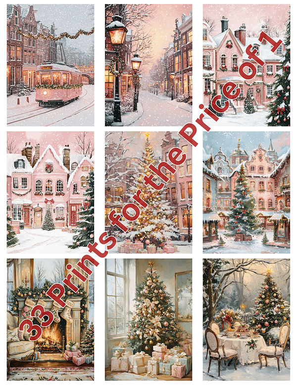 A collage of 9 romantic pink-themed Christmas prints with soft tones and a text overlay that reads "33 Prints for the Price of 1."