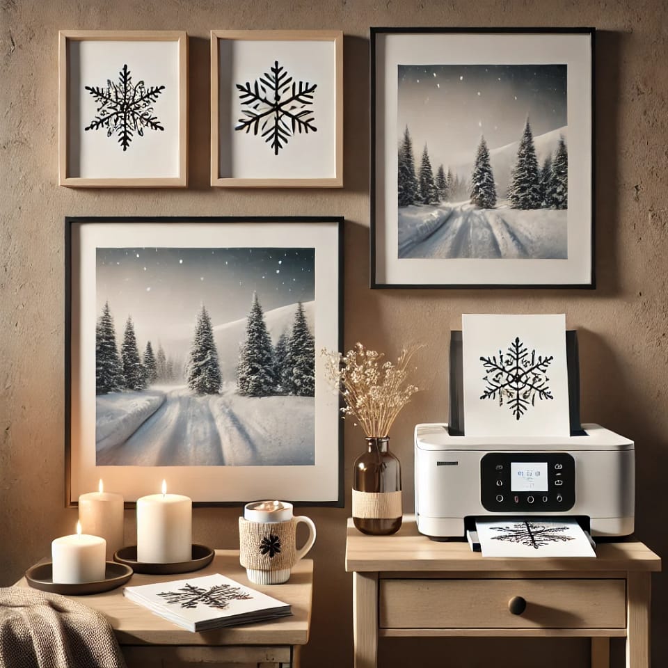 dalle 2024 11 22 12 13 16 a 1 1 ratio mockup featuring a modern living room with three picture frames on the wall showcasing winter themed images such as snowy landscapes or m